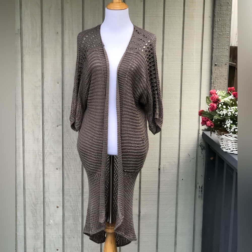 BCBGMaxAzria Taupe Brown Stud Crochet See Through Open-Front Cardigan Duster XL
